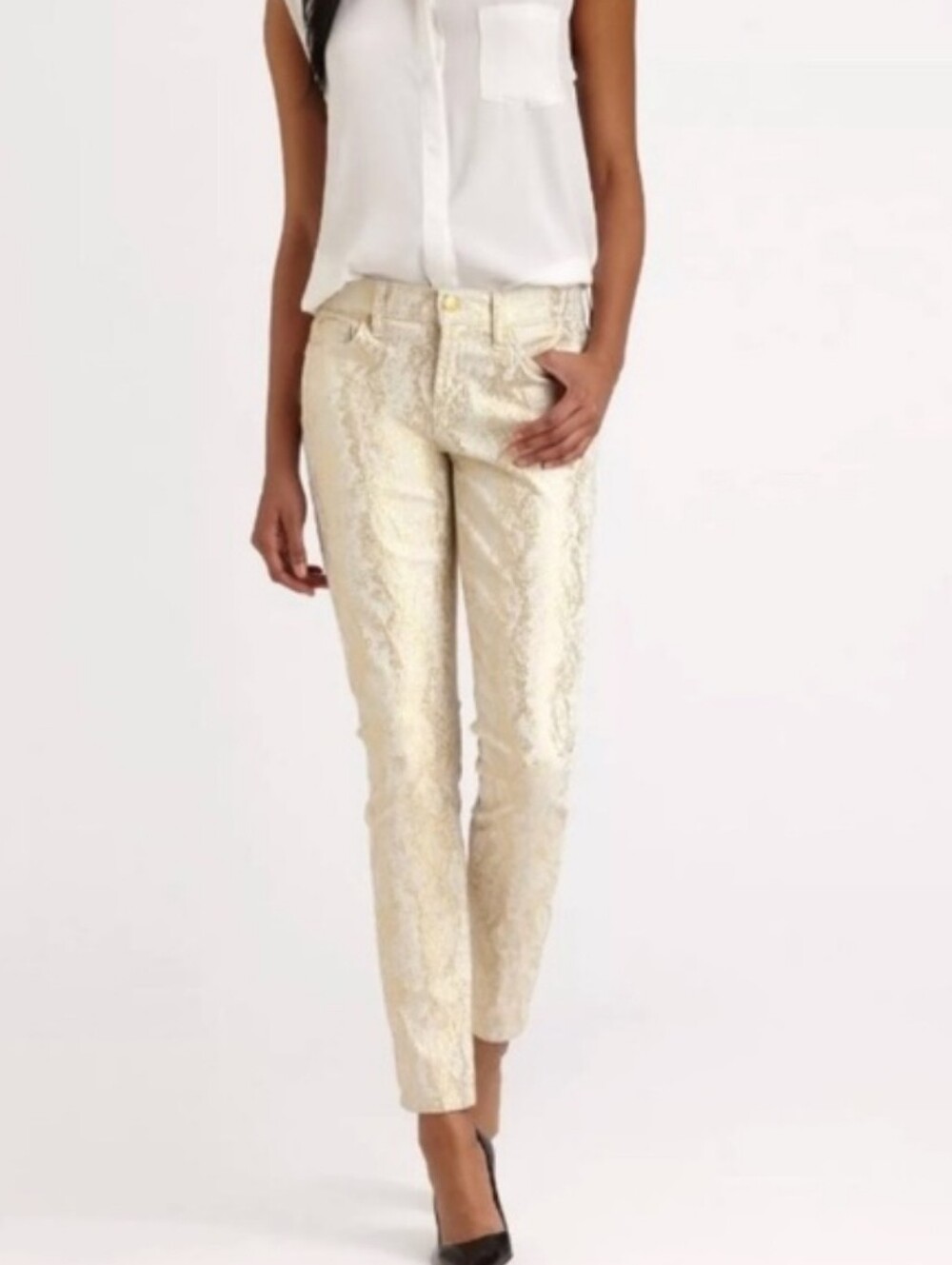 7 For All Mankind The Skinny Gold Metallic Snake Print Jeans Premium Denim 28